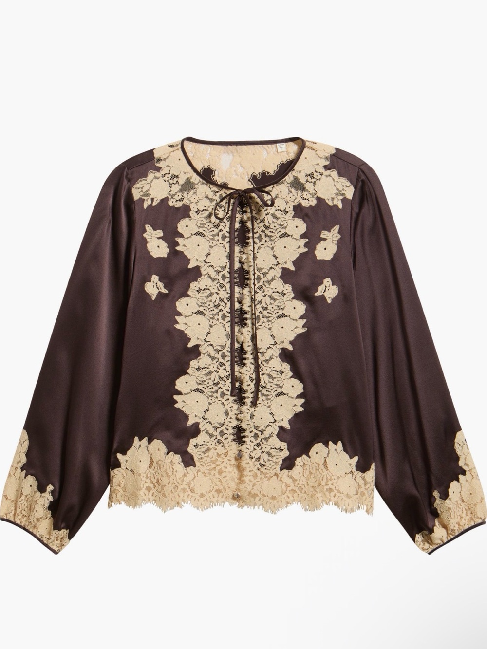 Doen Lucine Lace Silk button up Blouse shirt top vintage equestrian brown